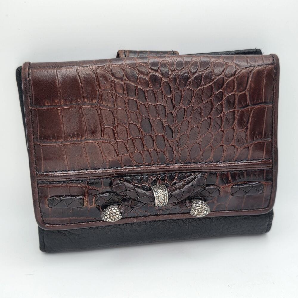 Brighton Brown Croc Embossed Black Leather Bifold Wallet Braided Silver 4x5